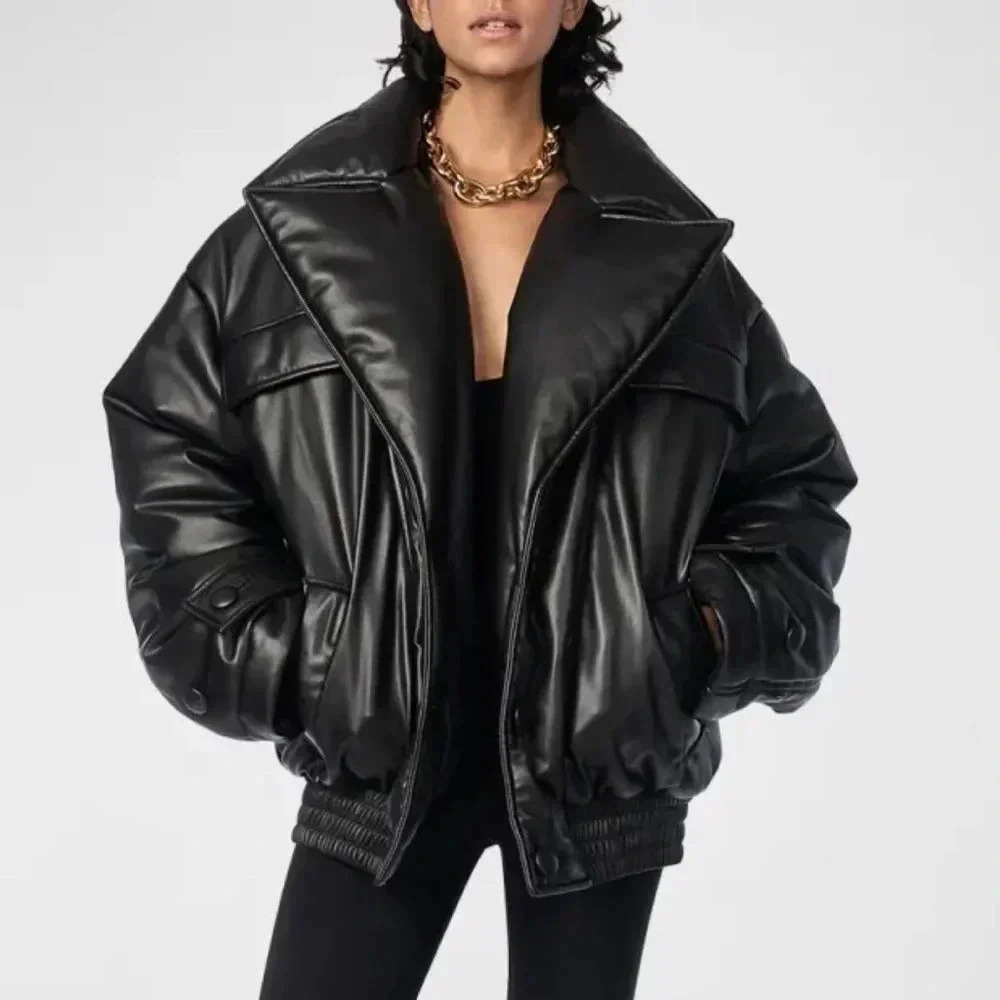 NWT Free People Ronny Kobo Camile Jacket Black Oversized Bomber Faux Leather - Picture 5 of 17